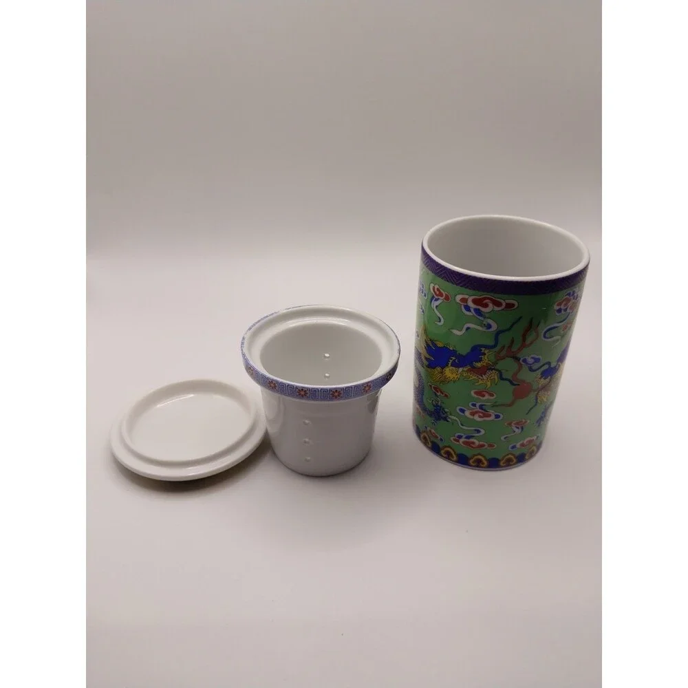 Vintage German Ceramic Tea Cup Infuser w Lid Japanese Dragon